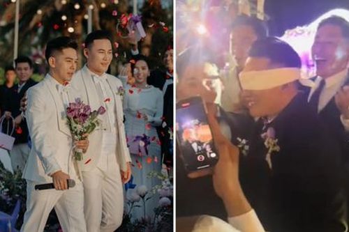 Xúc động khoảnh khắc Hà Trí Quang bịt mắt vẫn tìm thấy Thanh Đoàn trong đám cưới