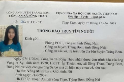 Vẫn chưa tìm thấy tung tích bé gái 15 tuổi mất liên lạc ở xã Sông Thao, huyện Trảng Bom