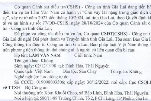 Gia Lai: Thông báo tìm người có liên quan trong vụ án cho vay lãi nặng