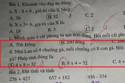 Bài toán với phép tính '4x8=32' bị chấm sai, lý do cô giáo đưa ra hết sức hợp lý