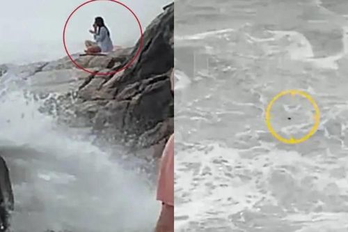 Clip: Cô gái bất ngờ bị sóng 'nuốt gọn' khi ngồi thiền trên vách đá