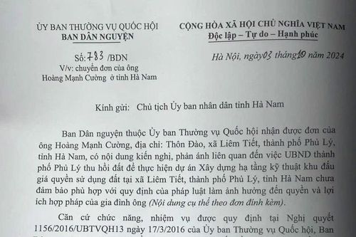 Ban Dân nguyện Quốc hội đề nghị làm rõ đơn thư của người dân liên quan việc thu hồi đất của UBND TP Phủ Lý