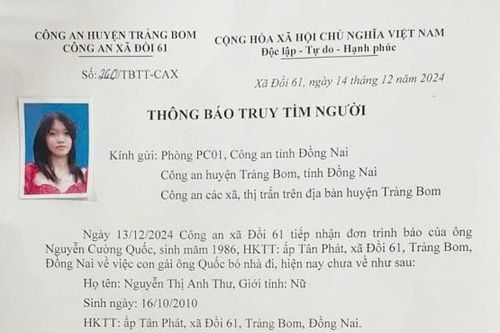 Một bé gái 14 tuổi bị mất liên lạc ở xã Đồi 61, huyện Trảng Bom
