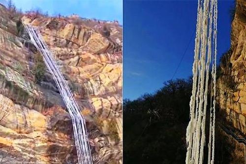 Thác nước đóng băng 'giả' trông như sợi mì khiến du khách bức xúc