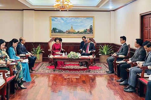 Tổng Lãnh sự Việt Nam tại Pakse Tạ Phương Dung trình Thư ủy nhiệm lãnh sự