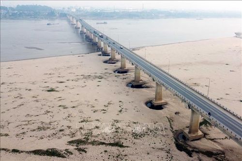 Mực nước sông Hồng cạn kiệt làm 'phát lộ' nhiều móng trụ cầu Văn Lang