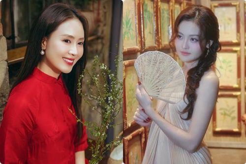 Hồng Diễm diện áo dài đỏ đón Tết, Thùy Anh xinh như nàng thơ