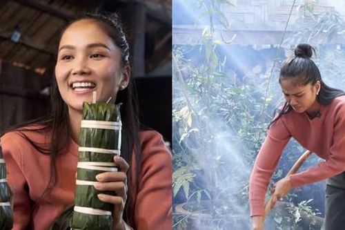 Hoa hậu H'Hen Niê gói bánh tét, tặng quà cho bà con quê nhà những ngày cận Tết Ất Tỵ