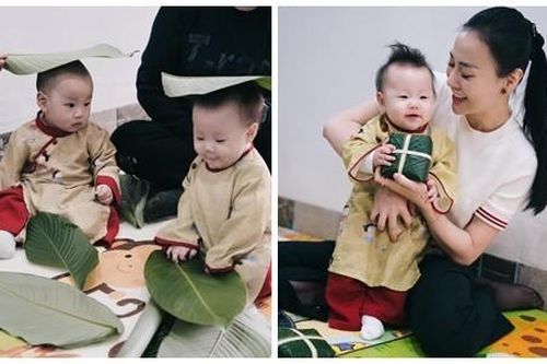 Phương Oanh khoe hai con diện áo dài ngồi xem gói bánh chưng
