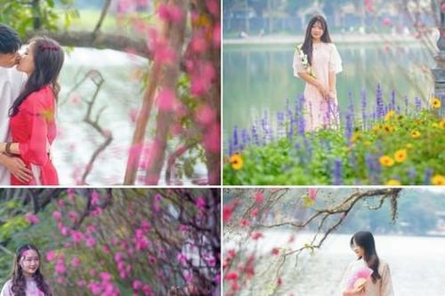 Đào và hoa bung sắc rực rỡ, 'nàng thơ' đua nhau thả dáng quanh hồ Hoàn Kiếm