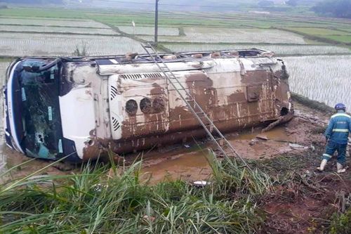 Phá cửa kính, bắc thang giải cứu hành khách mắc kẹt khi xe lật xuống ruộng