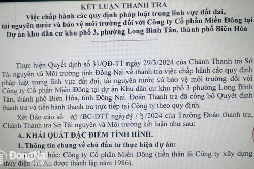 Nhiều tồn tại về đất đai, môi trường tại một dự án khu dân cư ở Biên Hòa của Công ty CP Miền Đông