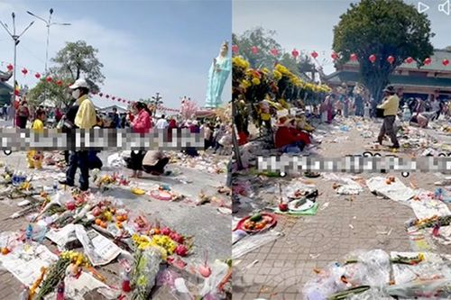 Đồ lễ ngập sân chùa ở Bạc Liêu
