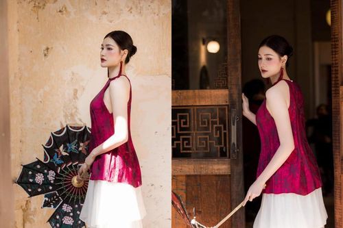 Hoa khôi bóng chuyền Kim Thanh diện áo yếm khoe xương quai xanh