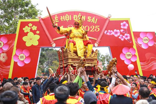 Trai tráng làng Thụy Lôi quay kiệu, rung lắc 'vua chúa' trong lễ hội đền Sái