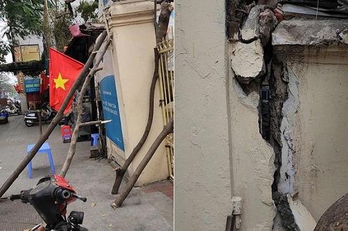 Hà Nội: Cám cảnh bức tường nứt toác, đổ nghiêng được 'chống nạng' trên phố Nguyễn Thái Học