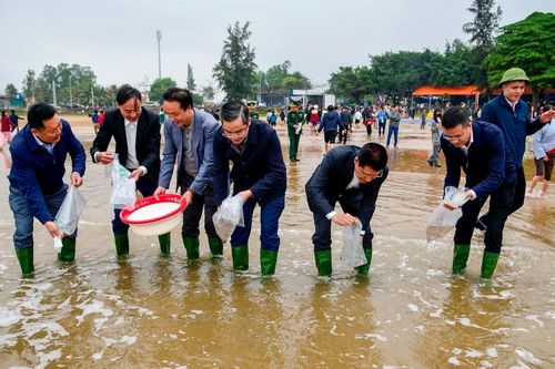 Hàng vạn tôm, cá, ngao giống được phóng sinh ở bãi biển Đền Cờn