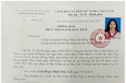 Một nữ sinh 14 tuổi mất tích, công an xã Gia Tân 3, huyện Thống Nhất thông báo tìm người