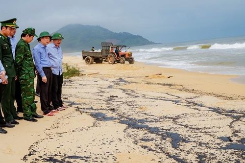 Kiểm tra việc xử lý sự cố dầu tràn vón cục trôi dạt tại bờ biển Lăng Cô