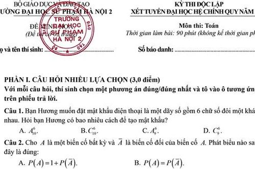 Đề minh họa môn Toán kỳ thi độc lập tuyển sinh của Trường ĐHSP Hà Nội 2 năm 2025