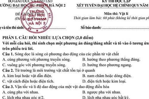 Đề minh họa môn Vật Lý kỳ thi độc lập tuyển sinh của Trường ĐHSP Hà Nội 2 năm 2025