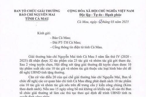 Ban tổ chức giải thưởng báo chí Nguyễn Mai tỉnh Cà Mau thông báo