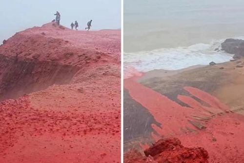Iran: Bãi biển đảo Hormuz chuyển màu đỏ tươi sau cơn mưa nặng hạt
