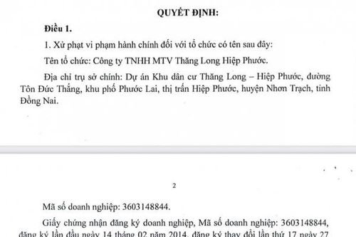 Chủ đầu tư Dự án Khu dân cư Thăng Long - Hiệp Phước bị phạt 300 triệu đồng vì không có giấy phép môi trường