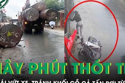 Thót tim khoảnh khắc cô gái vứt xe, tránh khối gỗ cả tấn rơi khỏi ô tô, thoát chết trong gang tấc
