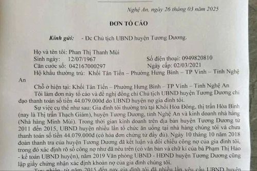Văn phòng UBND huyện Tương Dương đã thanh toán tiền ăn uống 10 năm cho chủ nhà hàng
