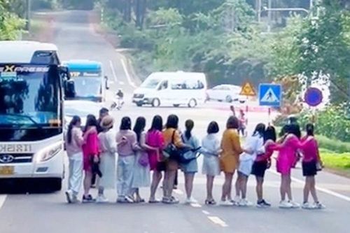 Xác minh nhóm du khách dàn hàng ngang giữa đường chụp ảnh