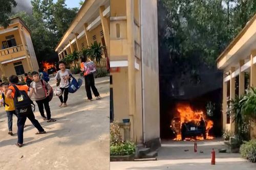 Ô tô của nữ hiệu trưởng bốc cháy trong trường, học sinh hoảng hốt bỏ chạy