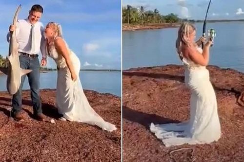 Chuyện lạ có thật: Cô dâu câu được cá mập trong ngày chụp ảnh cưới