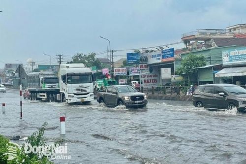 Quốc lộ 1 trước Bệnh viện Nhi đồng Đồng Nai ngập cục bộ trong cơn mưa chiều 24-4