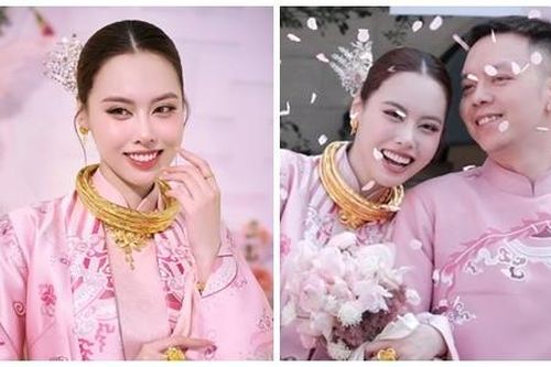 Á hậu Tâm Như đeo vàng trĩu cổ trong lễ đính hôn