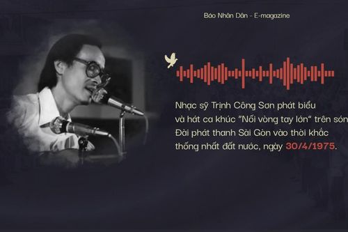 Nhạc sĩ Trịnh Công Sơn phát biểu và hát ca khúc Nối vòng tay lớn trên sóng Đài Phát thanh Sài Gòn ngày 30/4/1975