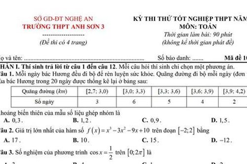 Đề thi thử tốt nghiệp trung học phổ thông môn Toán của Trường Trung học phổ thông Anh Sơn 3 (Nghệ An)