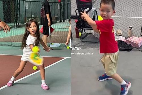 Biểu cảm trái ngược của cặp song sinh nhà Hồ Ngọc Hà khi chơi pickleball