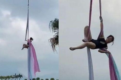 Người phụ nữ treo mình trên cần cẩu cao 5m để tập yoga, cộng đồng mạng bức xúc