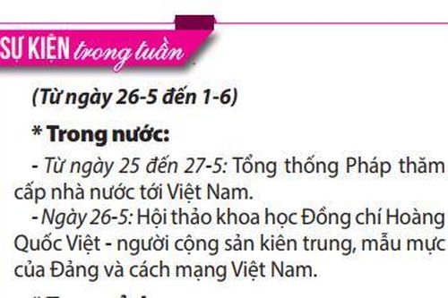 Sự kiện trong tuần (Từ ngày 26-5 đến 1-6)