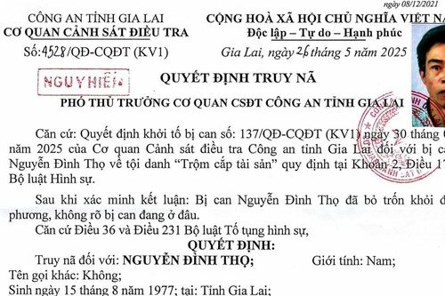 Gia Lai: Truy nã cấp độ nguy hiểm đối với bị can Nguyễn Đình Thọ về tội trộm cắp tài sản