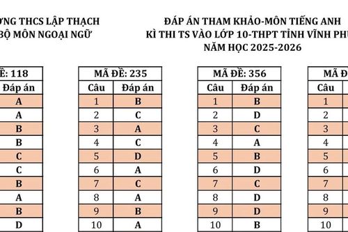 Đáp án tham khảo môn Tiếng Anh thi vào lớp 10 tại Vĩnh Phúc
