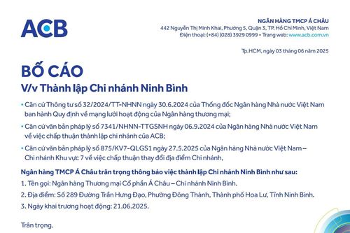 ACB: Bố cáo thành lập chi nhánh Ninh Bình