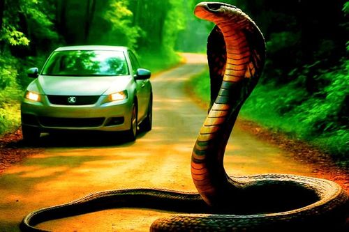Rắn hổ mang chúa khổng lồ ngáng đường, nữ tài xế khóc thét