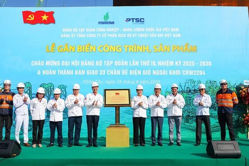 Petrovietnam gắn biển công trình 'Hoàn thành 33 chân đế điện gió ngoài khơi'