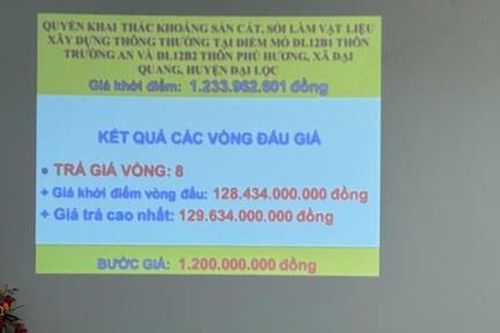 Đấu giá mỏ cát ở Quảng Nam: Giá khởi điểm 7,59 tỷ đồng, trúng đấu giá hơn 491 tỷ đồng