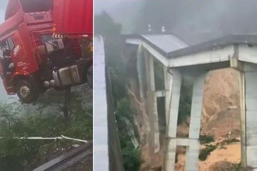 Trung Quốc: Mưa lũ gây sập cầu, tài xế container mắc kẹt trên miệng vực sâu 100m