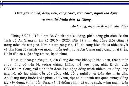 Bí thư Tỉnh ủy An Giang Lê Hồng Quang gởi thư chào cán bộ, đảng viên, công chức, viên chức, người lao động và toàn thể Nhân dân An Giang