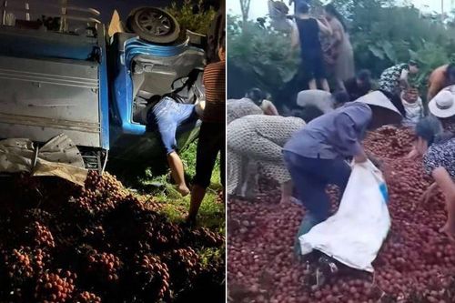 Tài xế chất vải ven đường để sửa xe bị lật, người dân tưởng 'hàng bỏ' thi nhau lấy