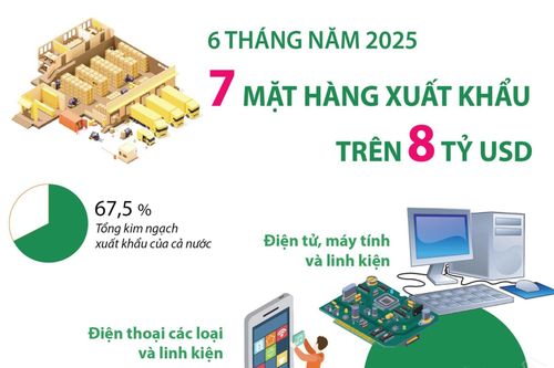 6 tháng năm 2025: 7 mặt hàng xuất khẩu trên 8 tỷ USD